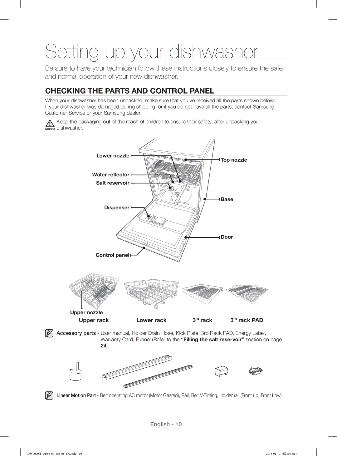 Samsung DW60H9950FS/TR manual Setting up your dishwasher, Checking the Parts and Control Panel, Lower nozzle Top nozzle 