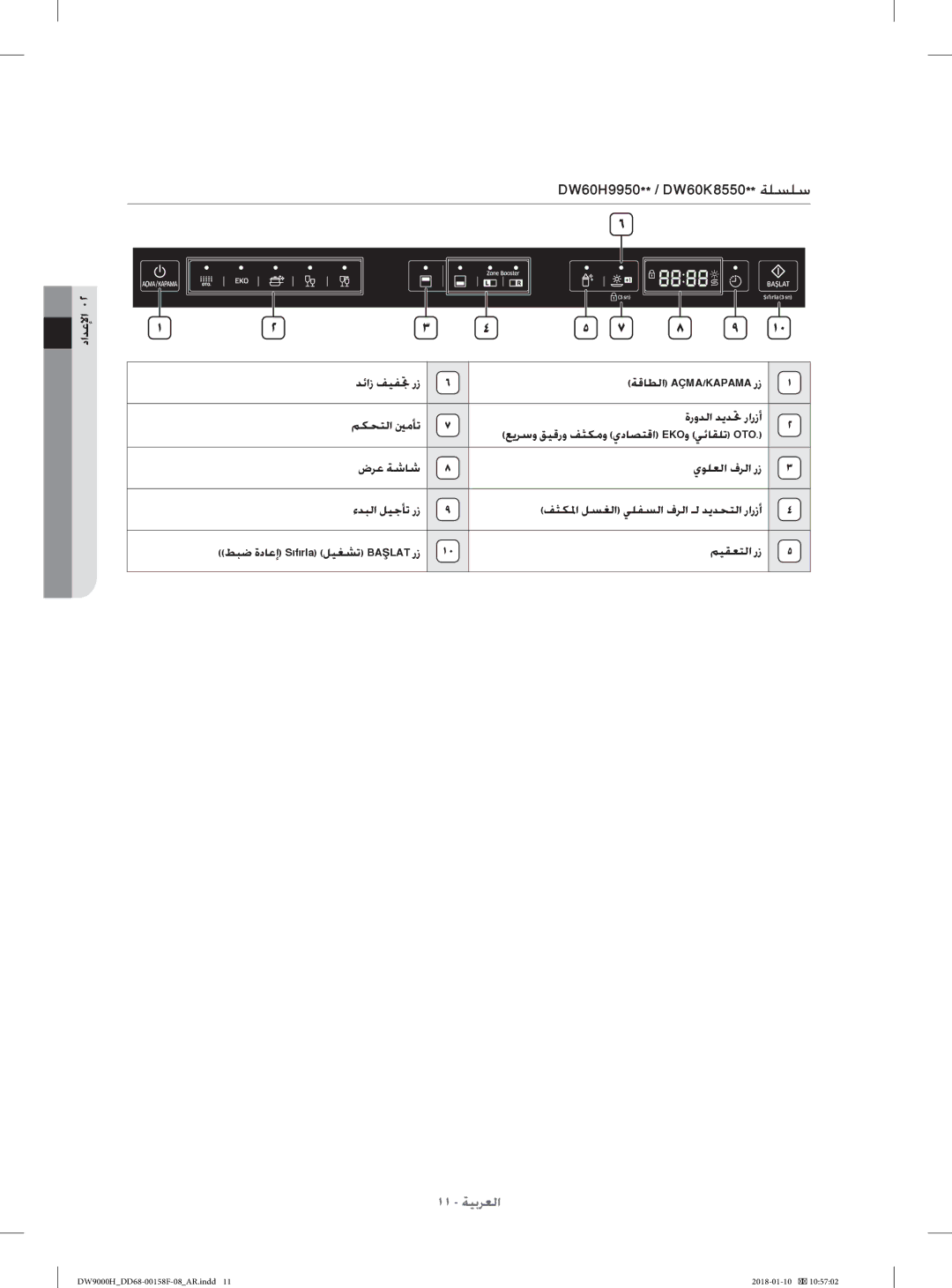 Samsung DW60H9950FW/TR, DW60H9950FS/TR manual داﺪﻋﻹا ﺪﺋاز ﻒﻴﻔﲡ رز, ﻢﻜﺤﺘﻟا ﲔﻣﺄﺗ, ﻢﻴﻘﻌﺘﻟا رز 