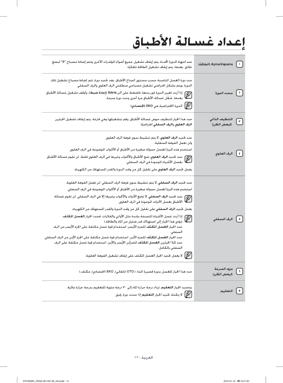 Samsung DW60H9950FS/TR, DW60H9950FW/TR manual ةروﺪﻟا دﺪﺤﻣ, يﻮﻠﻌﻟا فﺮﻟا, ﻲﻠﻔﺴﻟا فﺮﻟا, ﺔﻋﺮﺴﻟا دوﺰﻣ, ﻢﻴﻘﻌﺘﻟا 