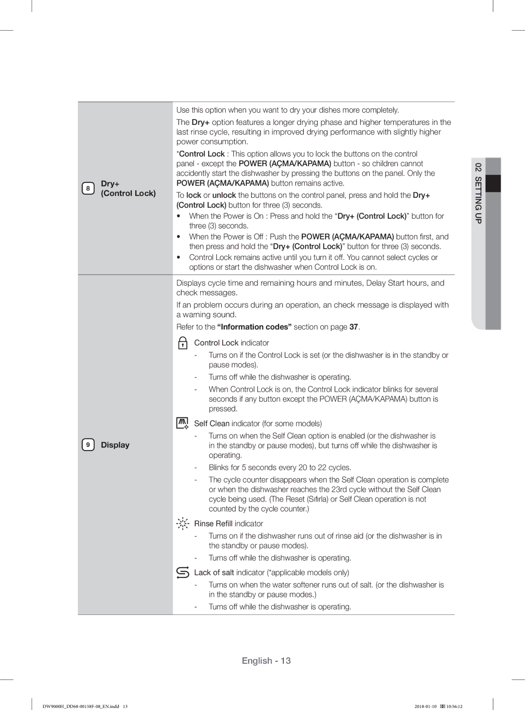 Samsung DW60H9950FW/TR, DW60H9950FS/TR manual Dry+, Control Lock, Display, Operating 