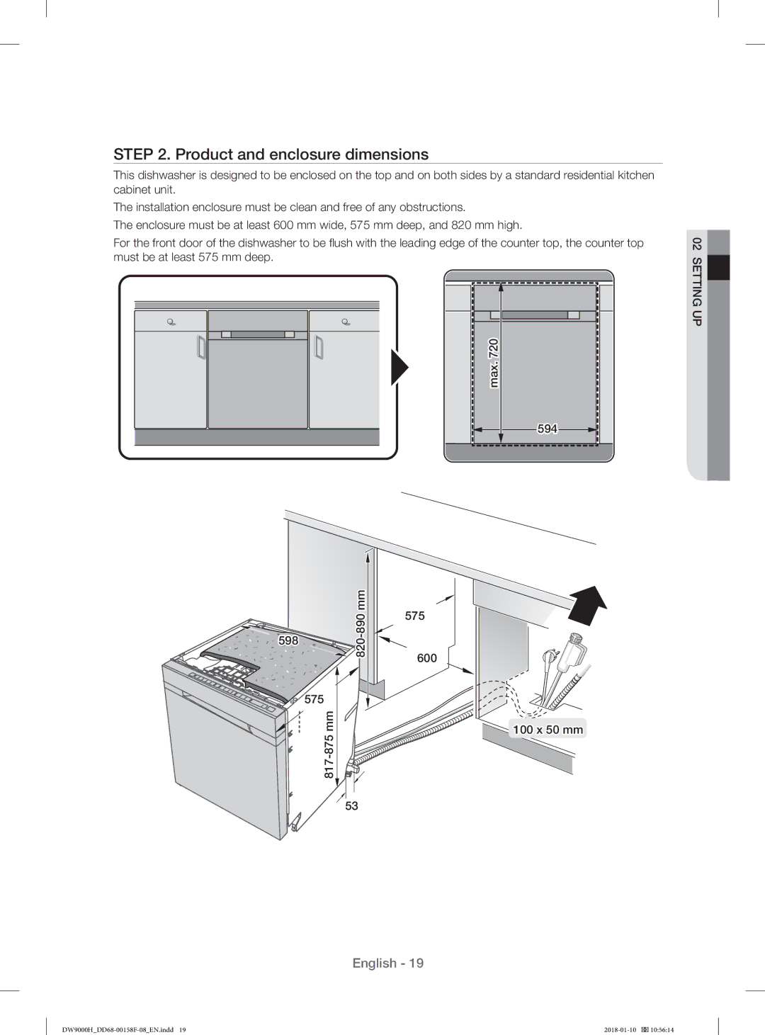 Samsung DW60H9950FW/TR, DW60H9950FS/TR manual 598 575, mm Max 575 600 594 100 x 50 mm 