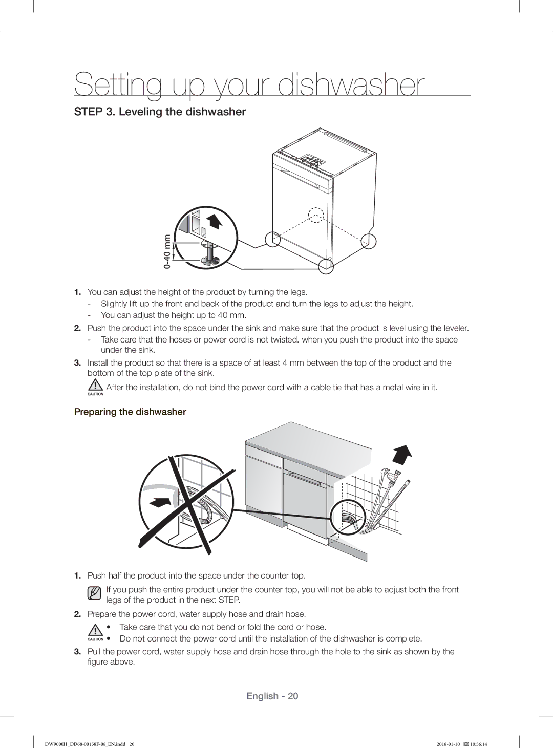 Samsung DW60H9950FS/TR, DW60H9950FW/TR manual Leveling the dishwasher, Preparing the dishwasher 