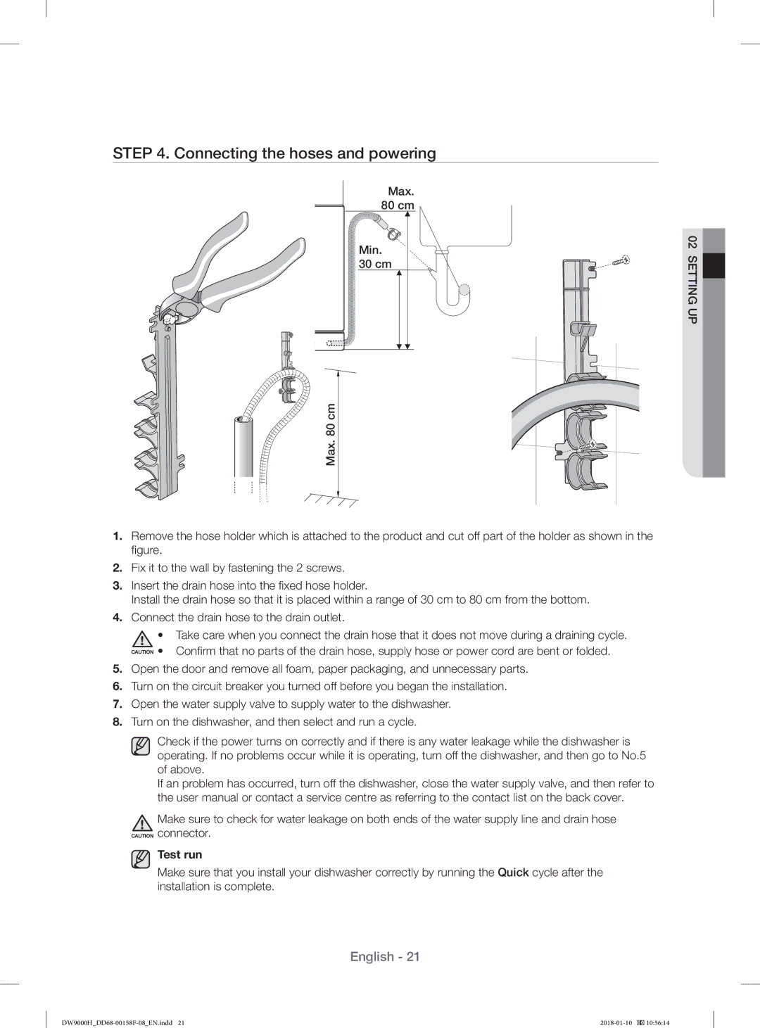 Samsung DW60H9950FW/TR, DW60H9950FS/TR manual Connecting the hoses and powering, Test run 