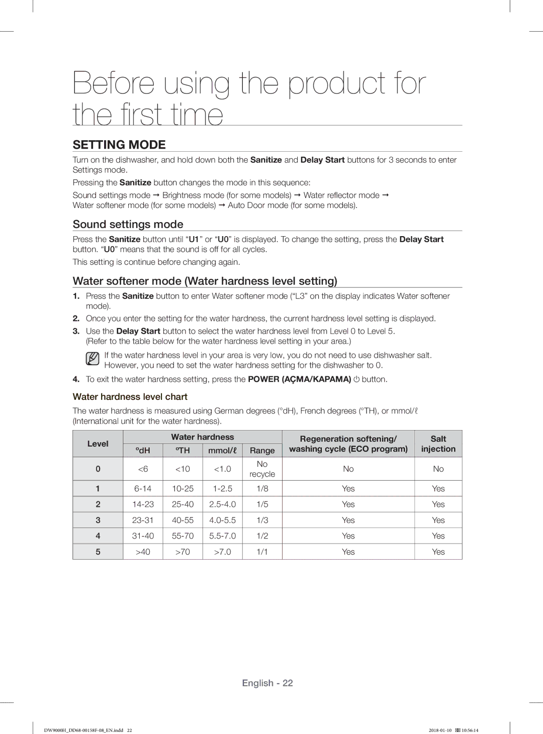 Samsung DW60H9950FS/TR, DW60H9950FW/TR manual Before using the product for the ﬁ rst time, Setting Mode, Sound settings mode 