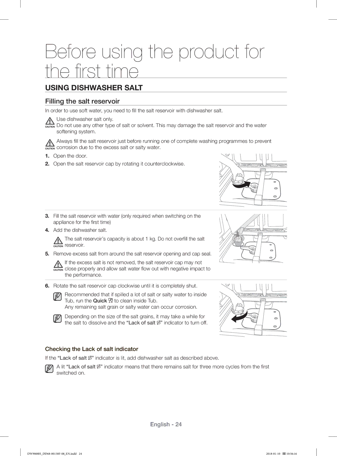 Samsung DW60H9950FS/TR, DW60H9950FW/TR manual Using Dishwasher Salt, Filling the salt reservoir 