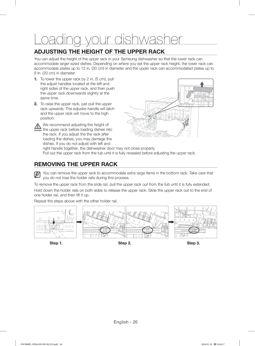 Samsung DW60H9950FS/TR, DW60H9950FW/TR manual Adjusting the Height of the Upper Rack, Removing the Upper Rack, Step 