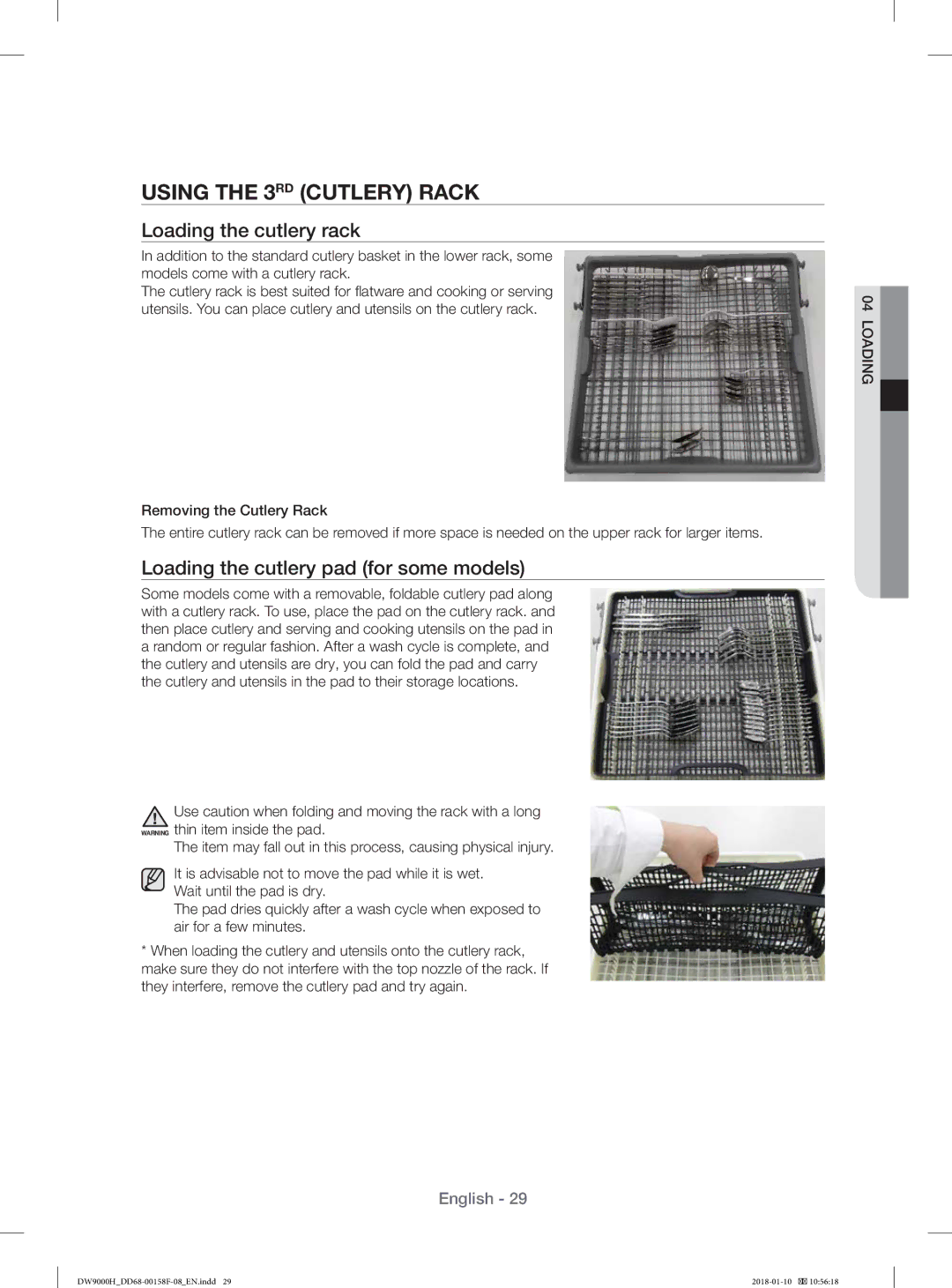 Samsung DW60H9950FW/TR manual Using the 3RD Cutlery Rack, Loading the cutlery rack, Loading the cutlery pad for some models 