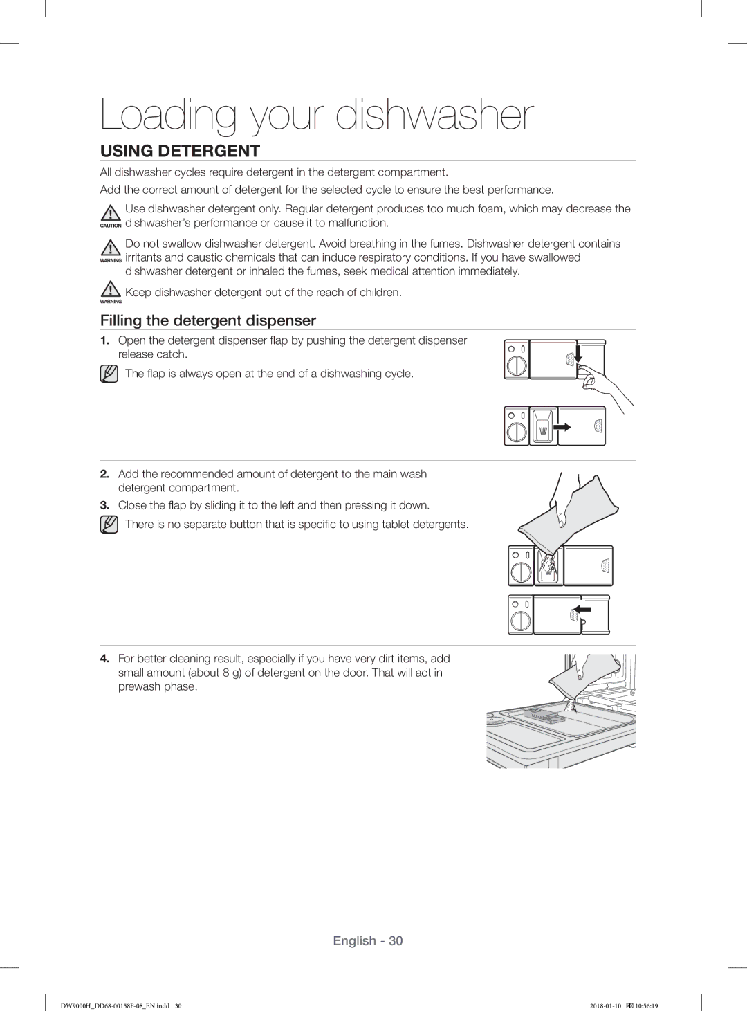 Samsung DW60H9950FS/TR, DW60H9950FW/TR manual Using Detergent, Filling the detergent dispenser 