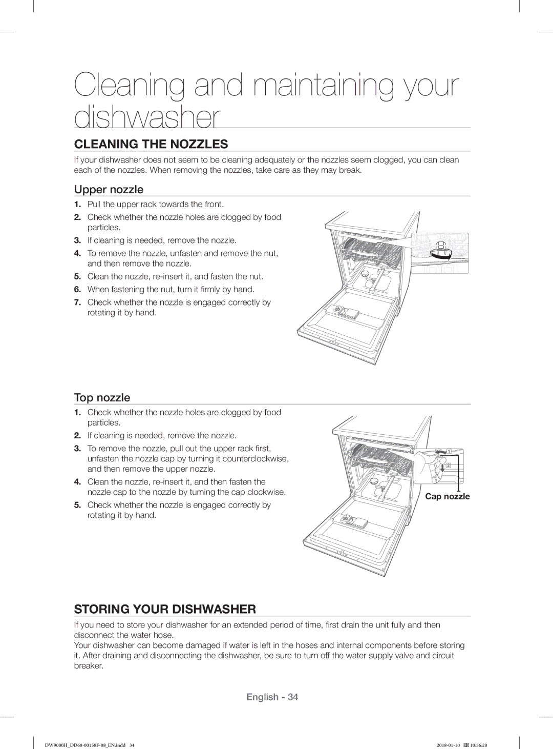 Samsung DW60H9950FS/TR, DW60H9950FW/TR Cleaning the Nozzles, Storing Your Dishwasher, Upper nozzle, Top nozzle, Cap nozzle 