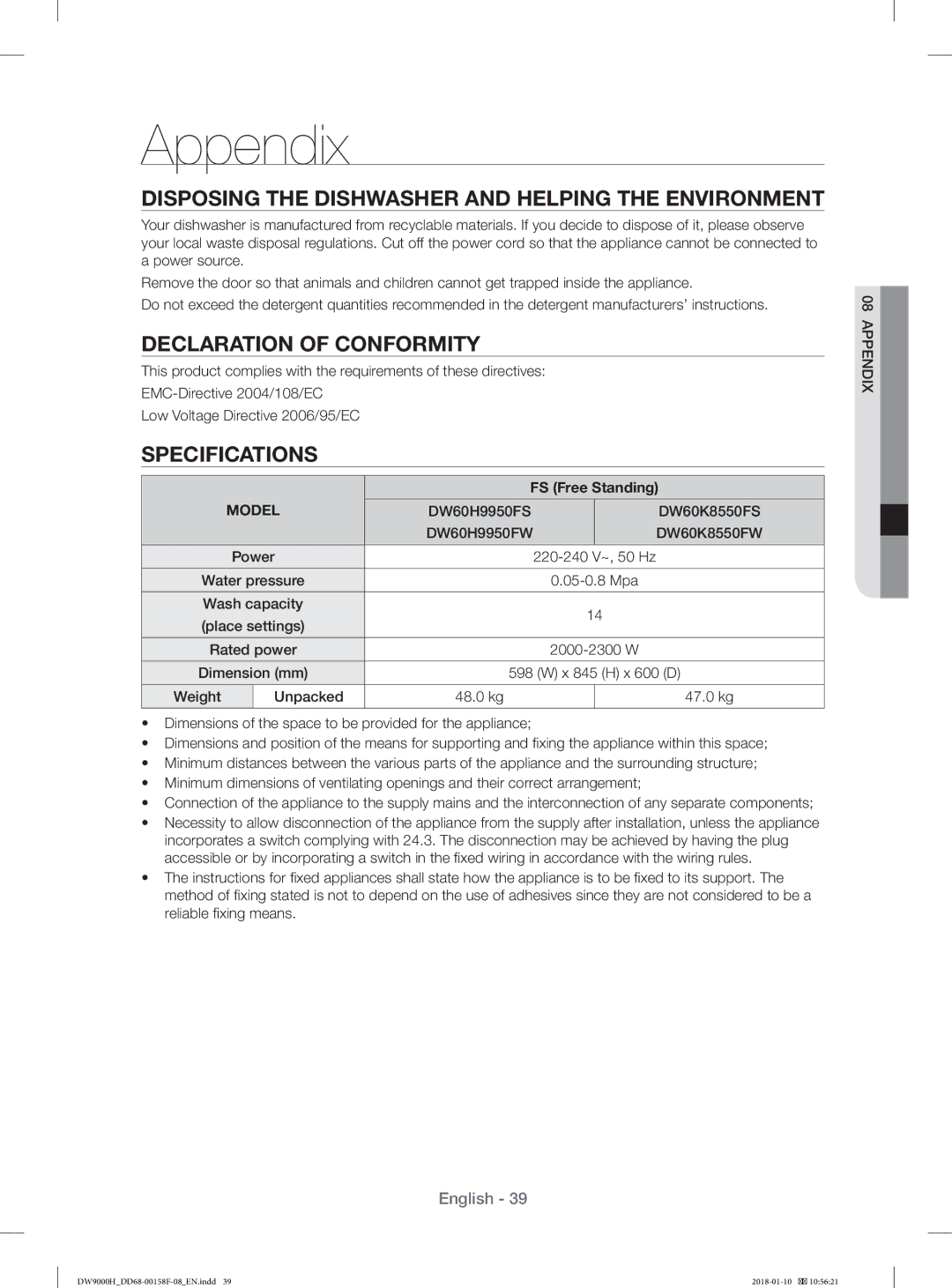 Samsung DW60H9950FW/TR manual Appendix, Disposing the Dishwasher and Helping the Environment, Declaration of Conformity 