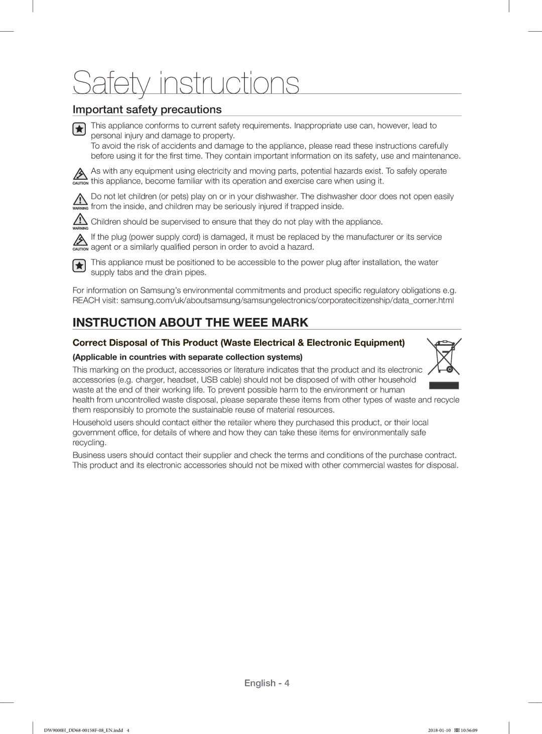 Samsung DW60H9950FS/TR, DW60H9950FW/TR manual Instruction about the Weee Mark, Important safety precautions 