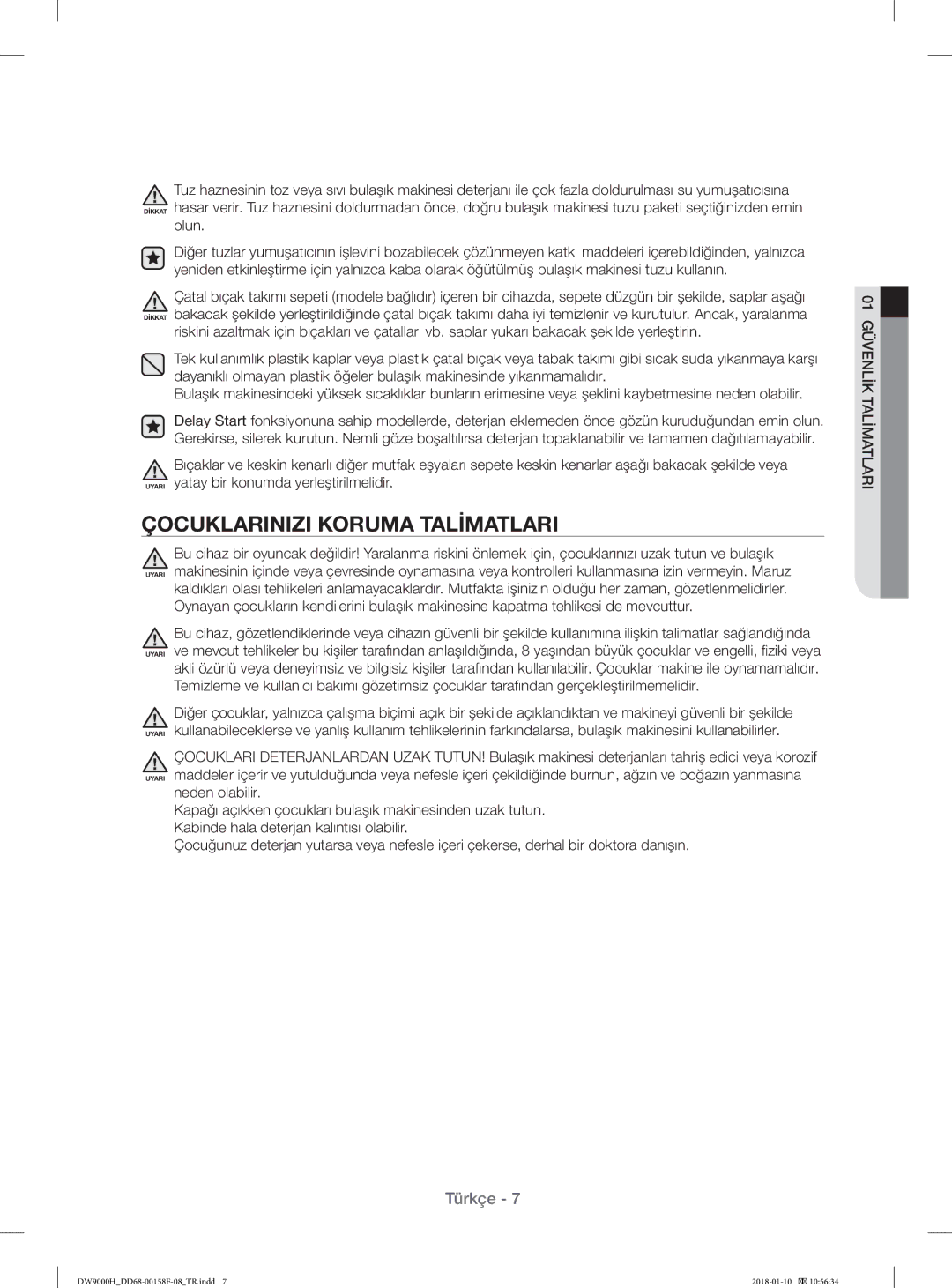 Samsung DW60H9950FW/TR, DW60H9950FS/TR manual Çocuklarinizi Koruma Talİmatlari, Olun 