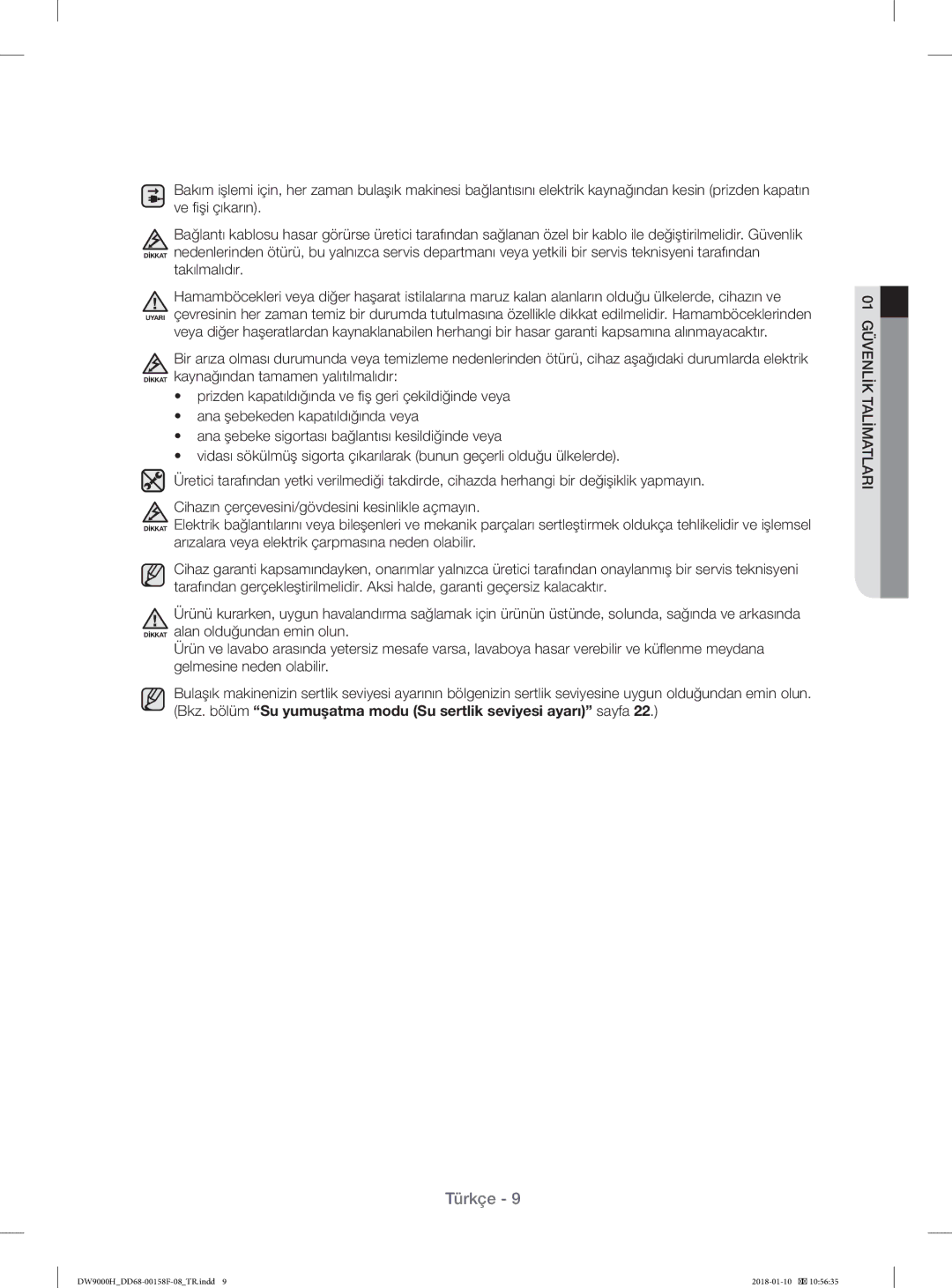 Samsung DW60H9950FW/TR, DW60H9950FS/TR manual Dİkkat Uyari 