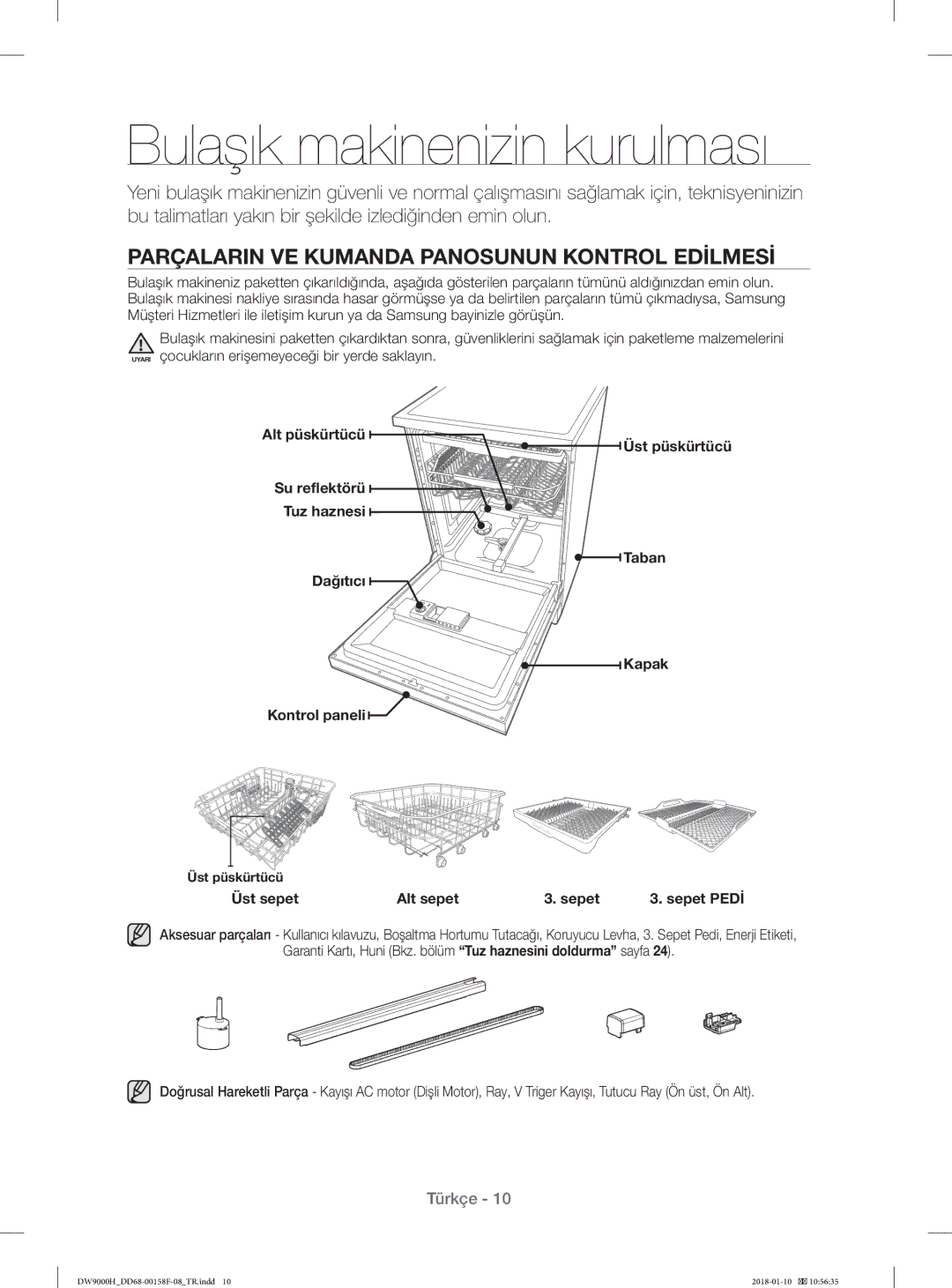 Samsung DW60H9950FS/TR, DW60H9950FW/TR Bulaşık makinenizin kurulması, Parçalarin VE Kumanda Panosunun Kontrol Edİlmesİ 