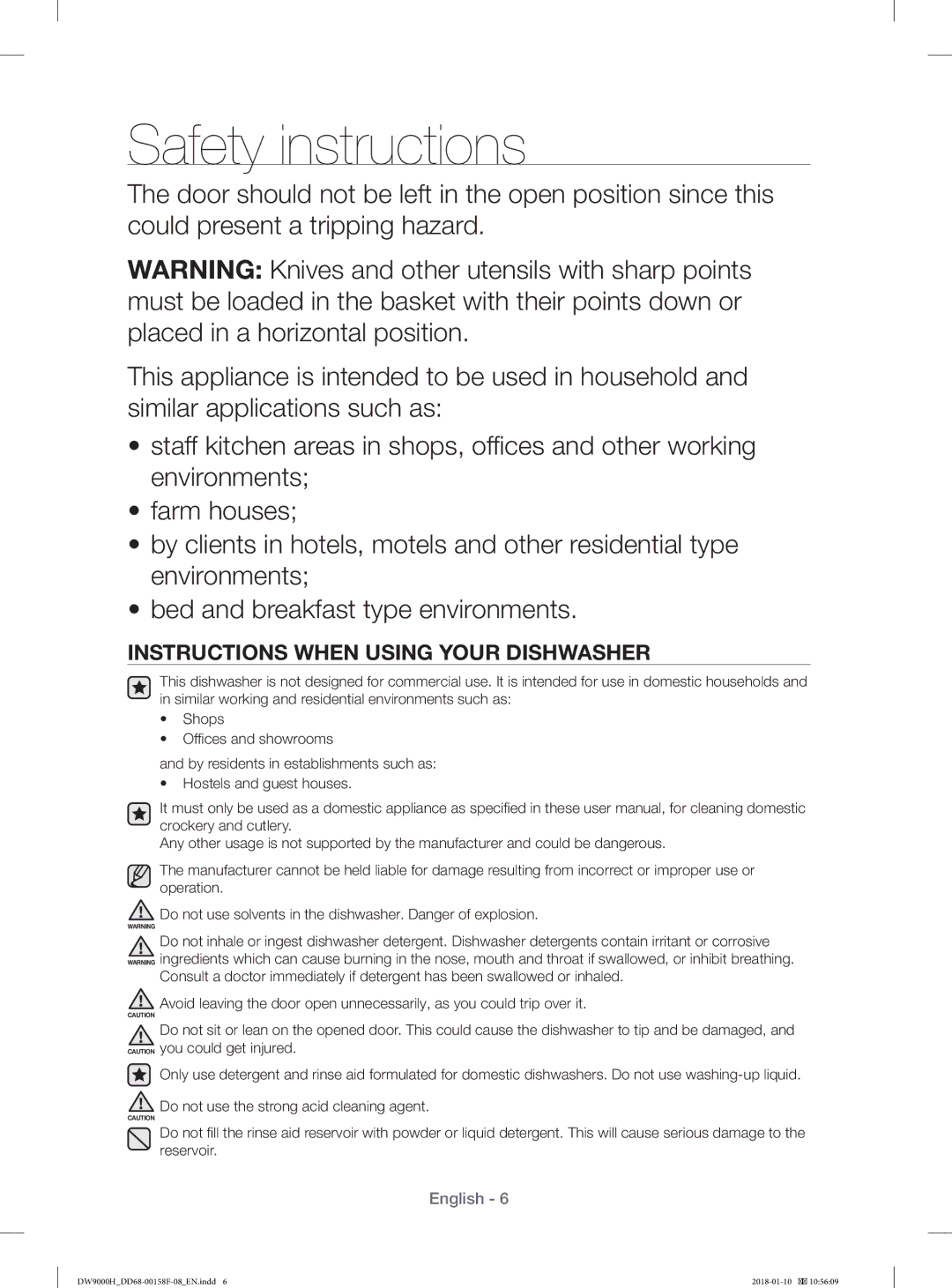 Samsung DW60H9950FS/TR, DW60H9950FW/TR manual Instructions When Using Your Dishwasher 