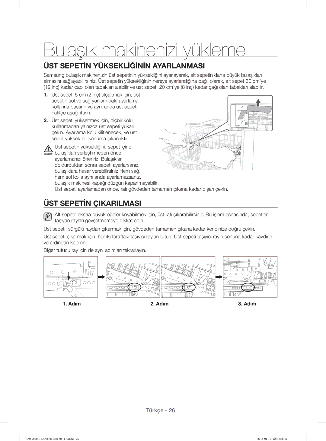 Samsung DW60H9950FS/TR, DW60H9950FW/TR manual ÜST Sepetİn Yükseklİğİnİn Ayarlanmasi, ÜST Sepetİn Çikarilmasi 