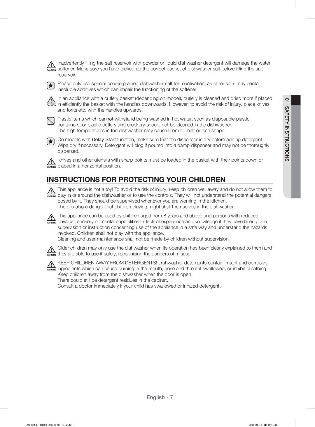 Samsung DW60H9950FW/TR, DW60H9950FS/TR manual Instructions for Protecting Your Children, Forks etc. with the handles upwards 