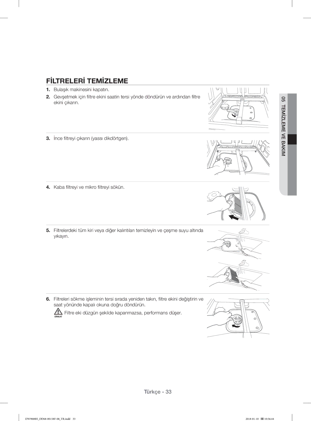 Samsung DW60H9950FW/TR, DW60H9950FS/TR manual Fİltrelerİ Temİzleme 