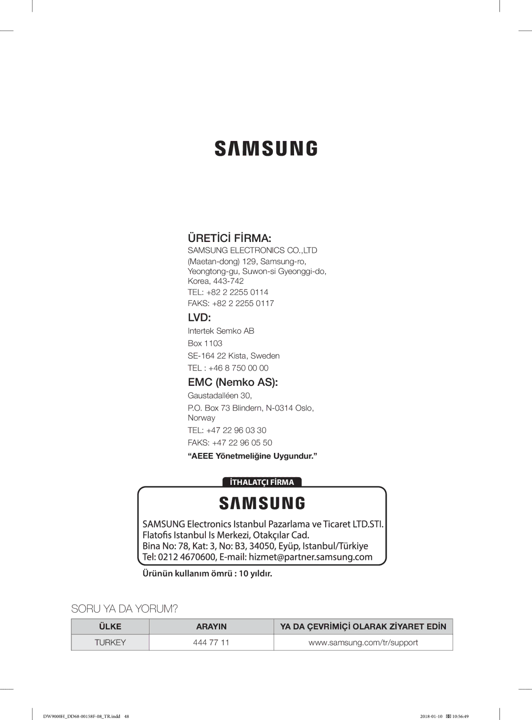 Samsung DW60H9950FS/TR, DW60H9950FW/TR manual EMC Nemko AS, Aeee Yönetmeliğine Uygundur 