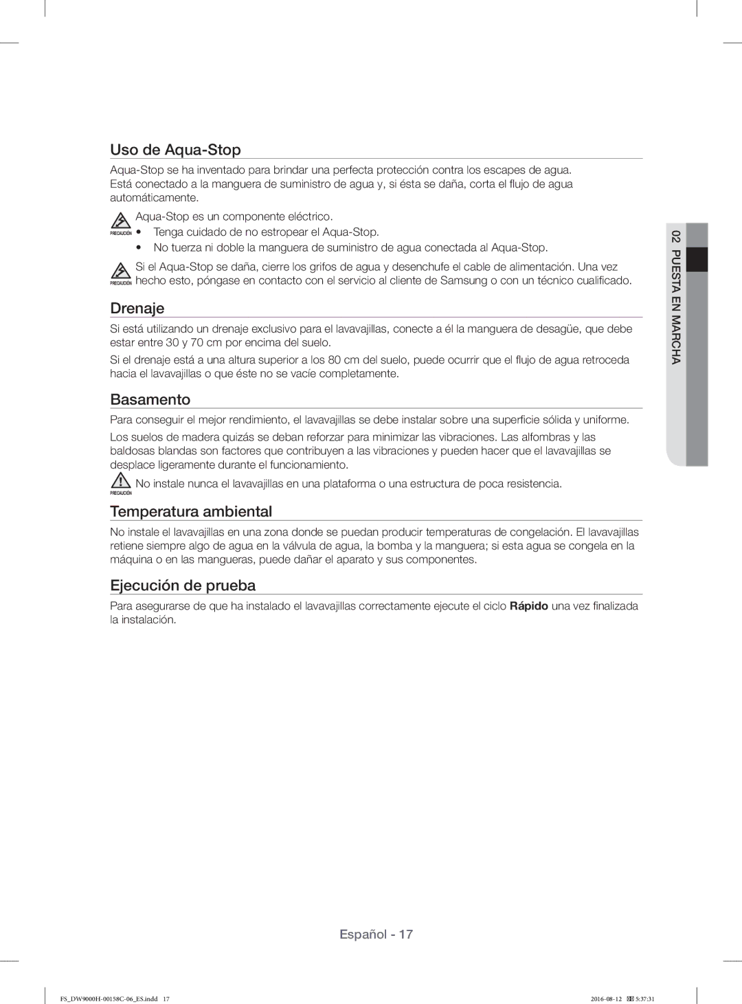 Samsung DW60H9970FS/EF manual Uso de Aqua-Stop, Drenaje, Basamento, Temperatura ambiental, Ejecución de prueba 