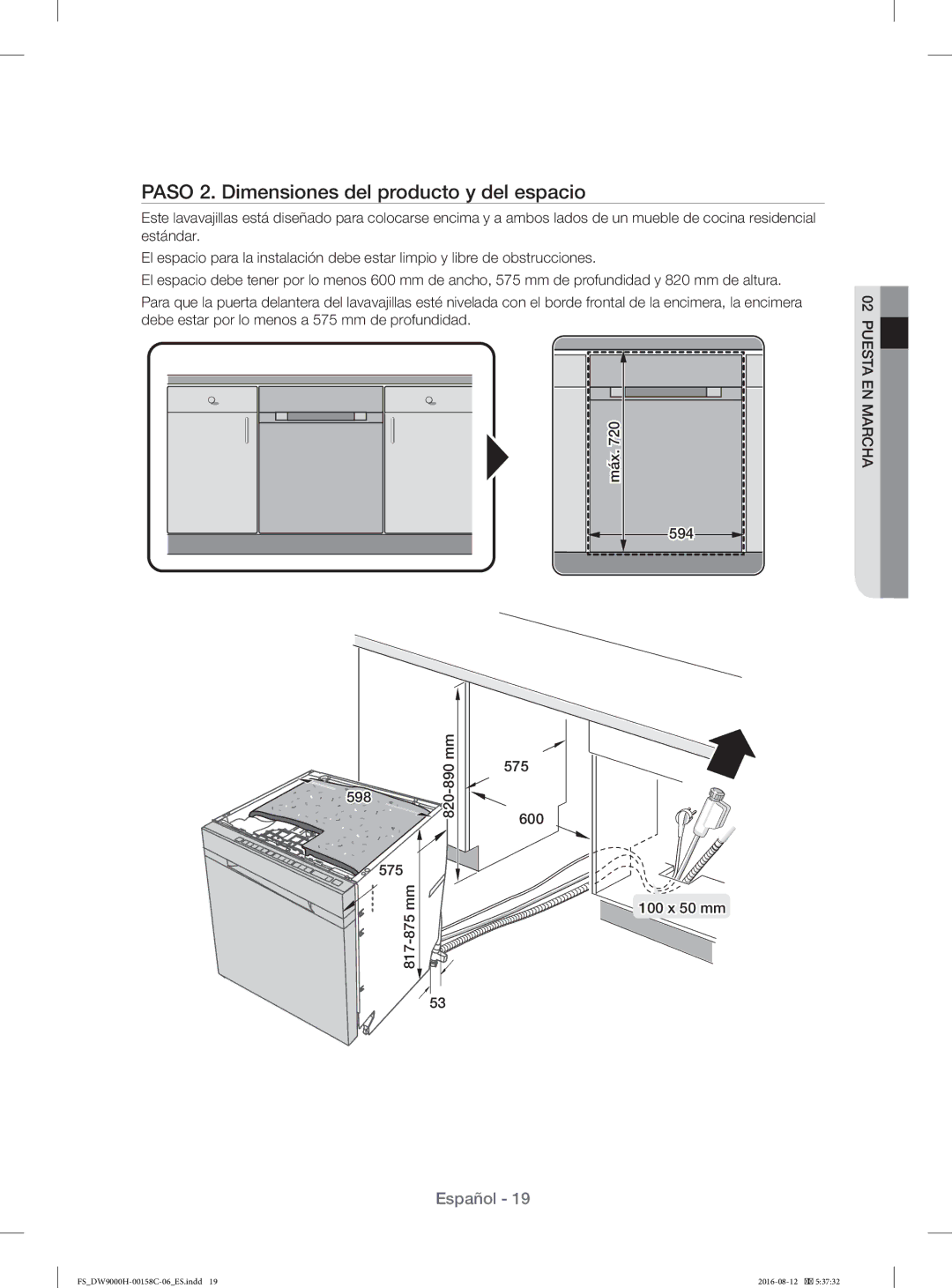 Samsung DW60H9970FS/EF manual 598 575, mm Máx 575 600 594 100 x 50 mm 