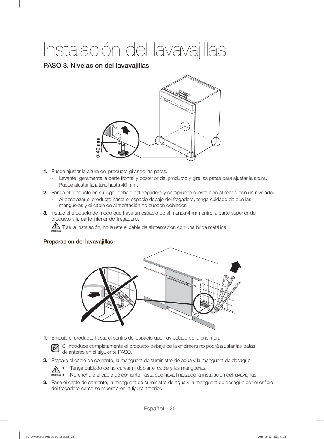 Samsung DW60H9970FS/EF manual Paso 3. Nivelación del lavavajillas, Preparación del lavavajillas 