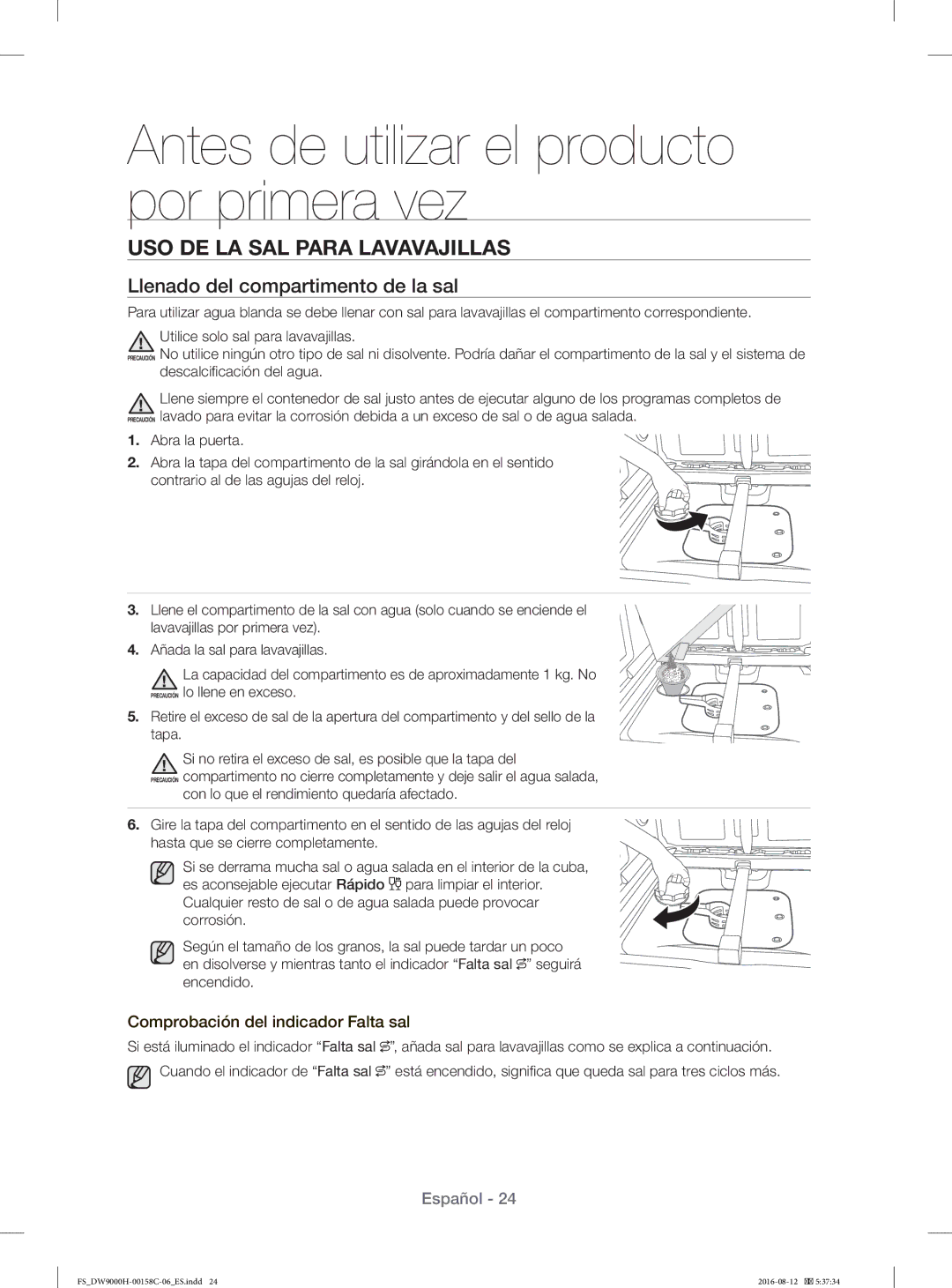 Samsung DW60H9970FS/EF manual USO DE LA SAL Para Lavavajillas, Llenado del compartimento de la sal 