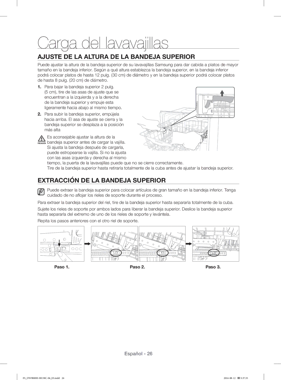 Samsung DW60H9970FS/EF manual Ajuste DE LA Altura DE LA Bandeja Superior, Extracción DE LA Bandeja Superior, Paso 