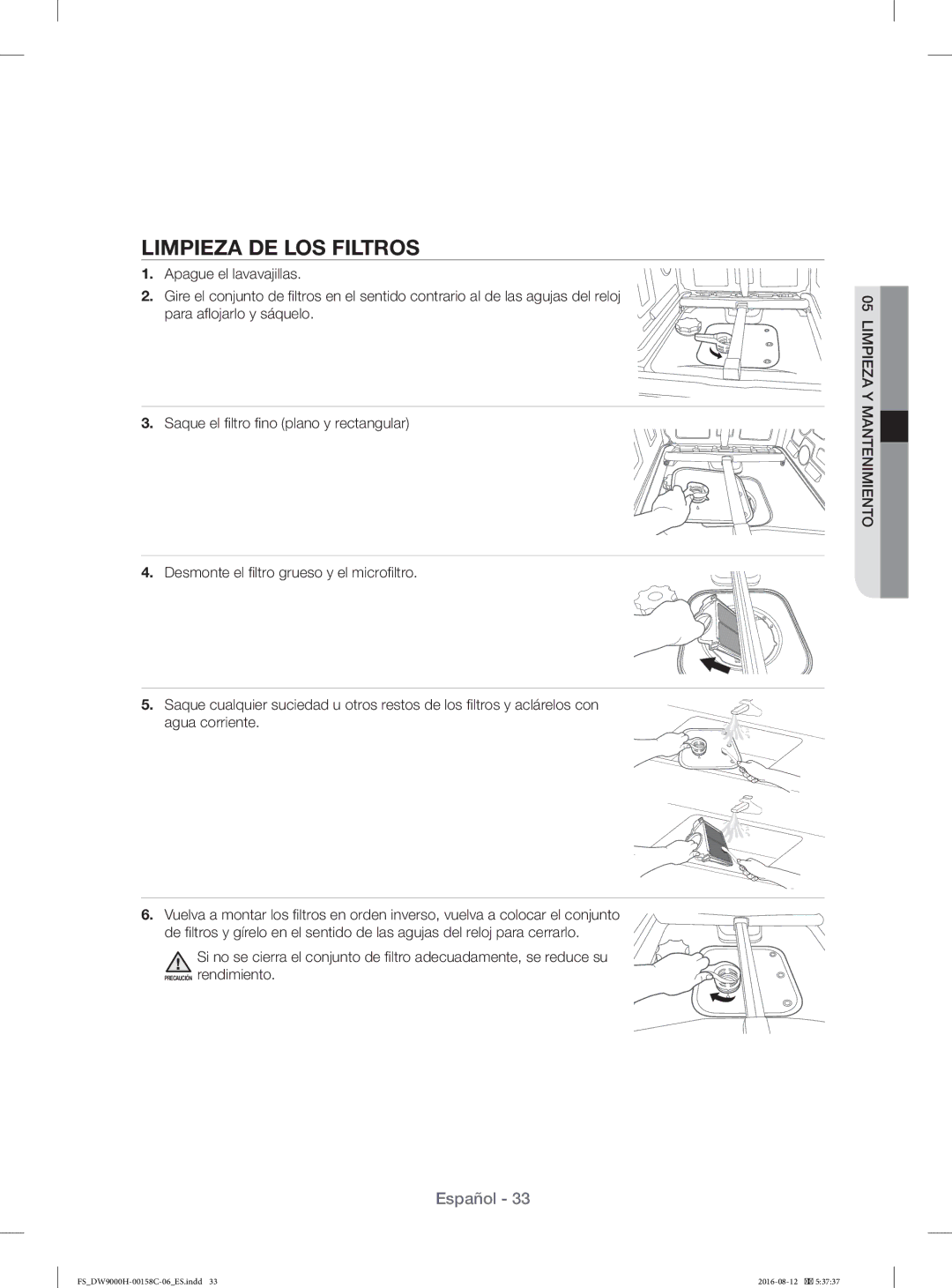 Samsung DW60H9970FS/EF manual Limpieza DE LOS Filtros 