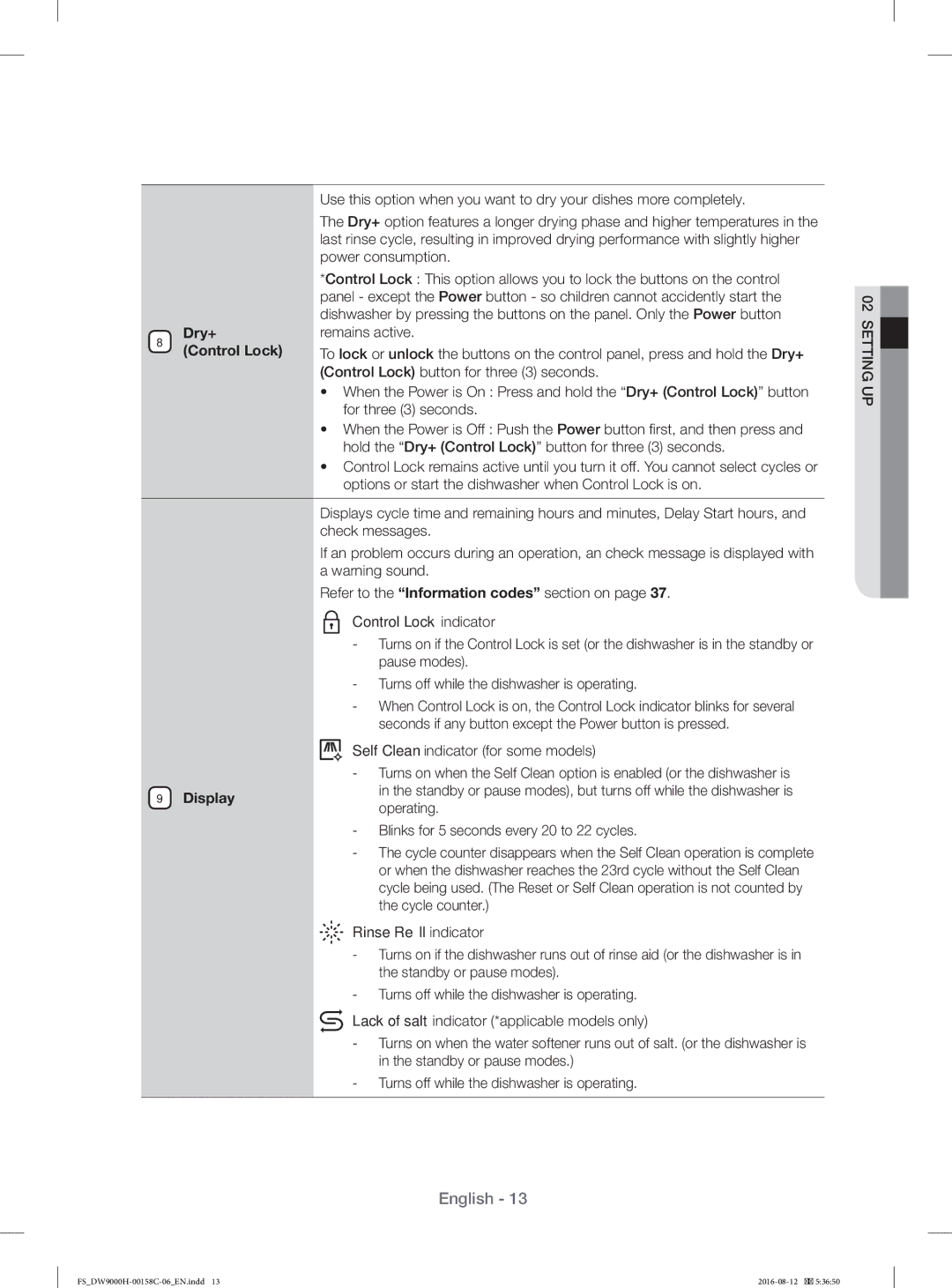 Samsung DW60H9970FS/EF manual Dry+, Control Lock, Display, Operating 