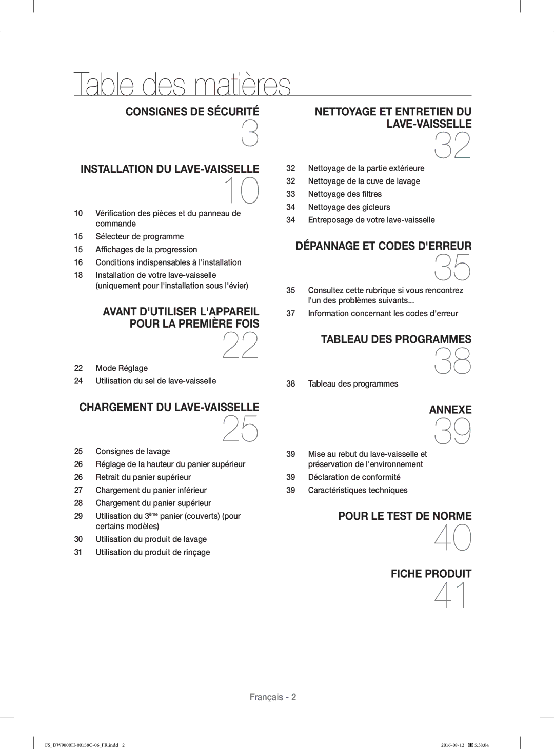 Samsung DW60H9970FS/EF manual Table des matières, Mode Réglage Utilisation du sel de lave-vaisselle, Tableau des programmes 