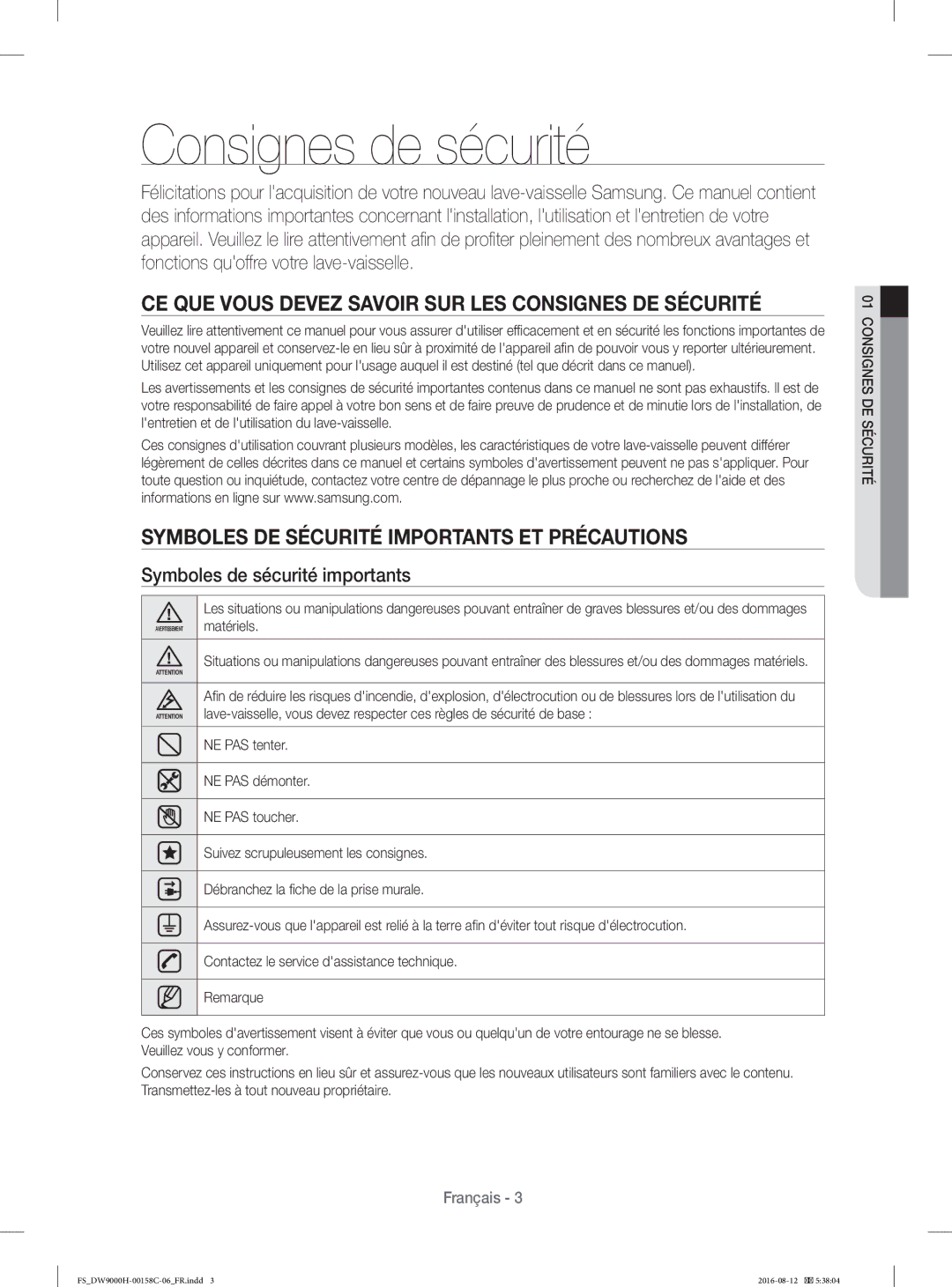 Samsung DW60H9970FS/EF manual Consignes de sécurité, CE QUE Vous Devez Savoir SUR LES Consignes DE Sécurité 