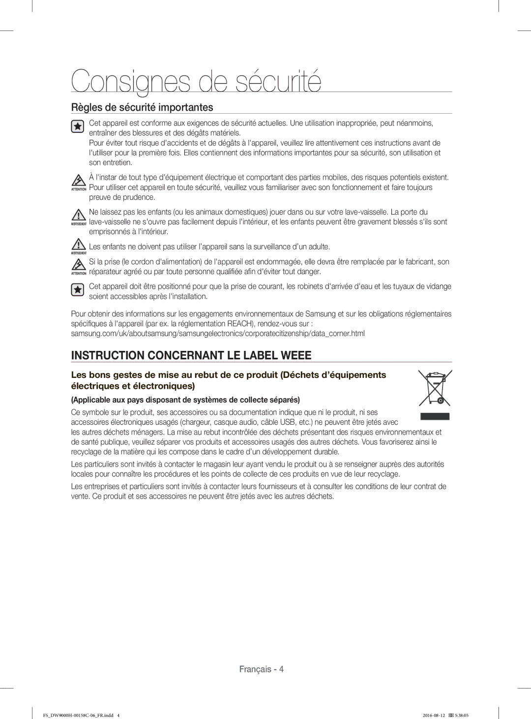 Samsung DW60H9970FS/EF manual Instruction Concernant LE Label Weee, Règles de sécurité importantes 