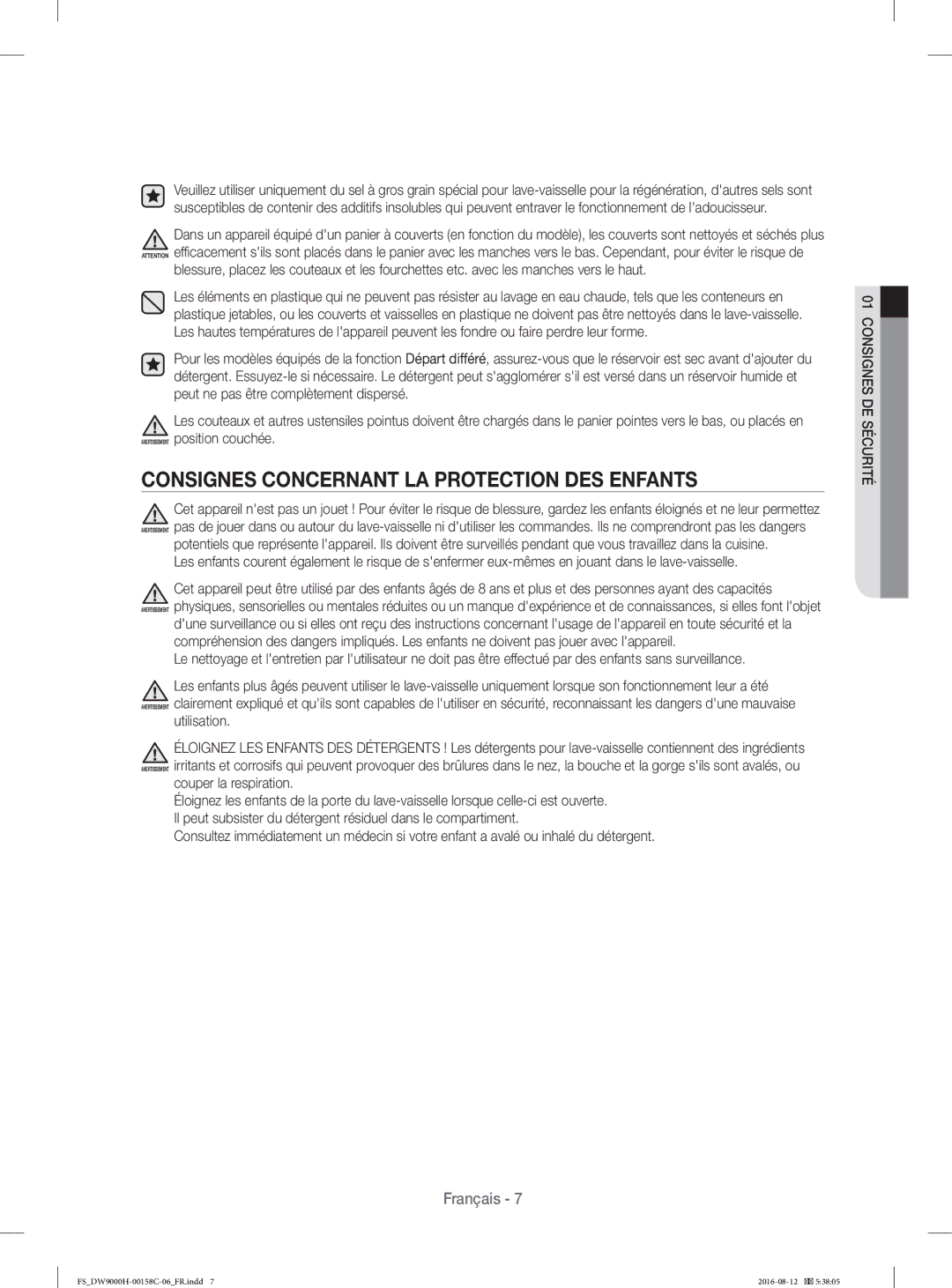 Samsung DW60H9970FS/EF manual Consignes Concernant LA Protection DES Enfants, Utilisation, Couper la respiration 