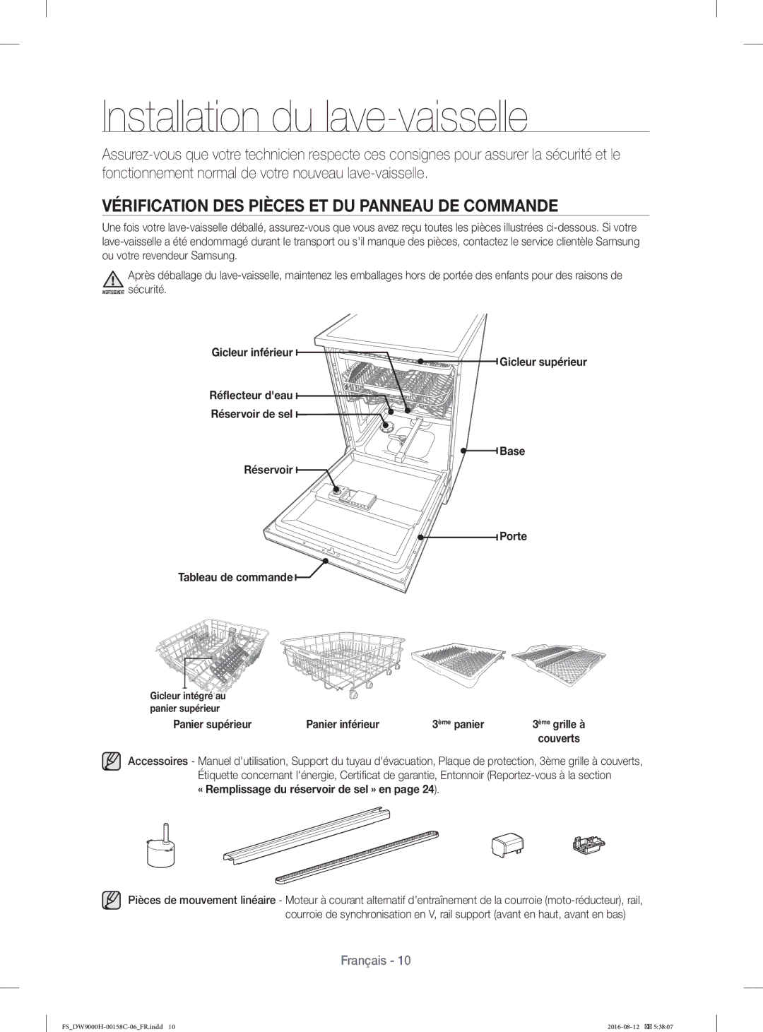 Samsung DW60H9970FS/EF manual Installation du lave-vaisselle, Vérification DES Pièces ET DU Panneau DE Commande 