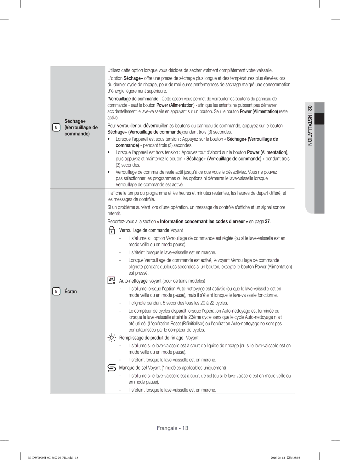 Samsung DW60H9970FS/EF manual Séchage+, Verrouillage de, Commande 