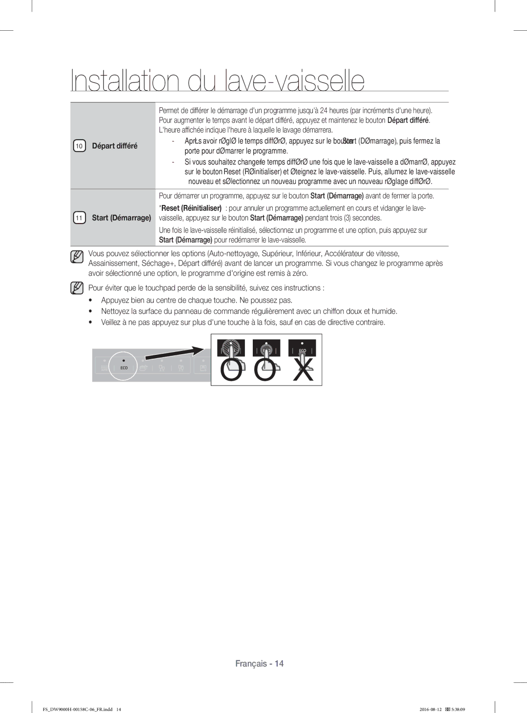 Samsung DW60H9970FS/EF manual 10 Départ différé, Porte pour démarrer le programme 