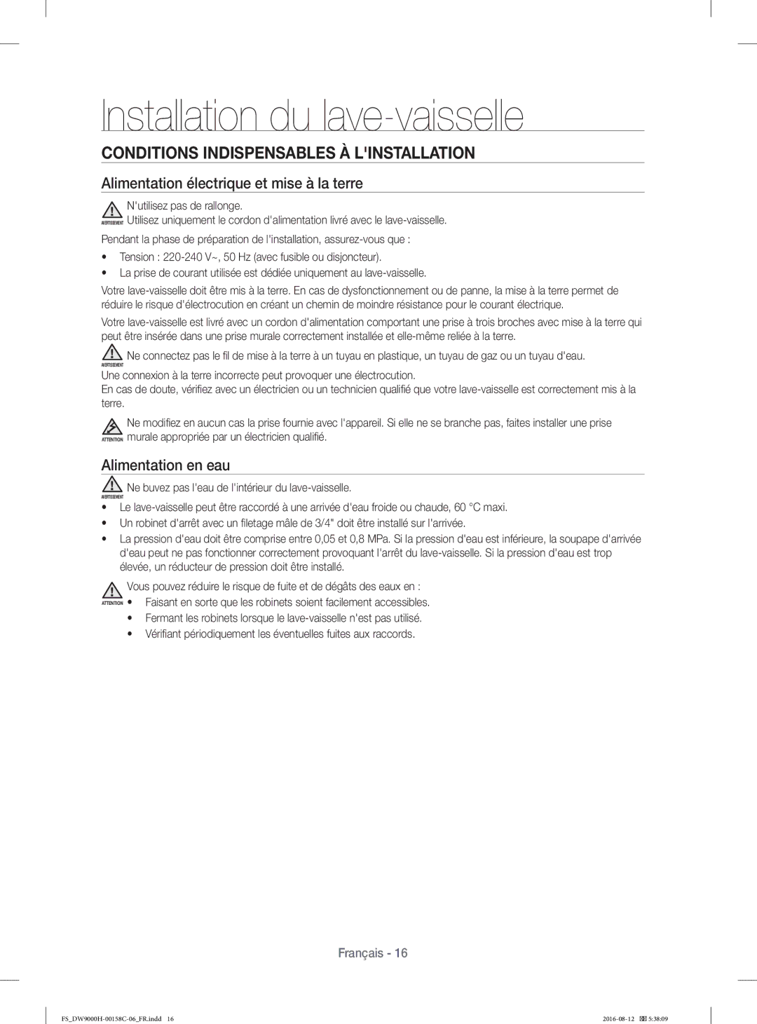 Samsung DW60H9970FS/EF manual Conditions Indispensables À Linstallation, Alimentation électrique et mise à la terre 