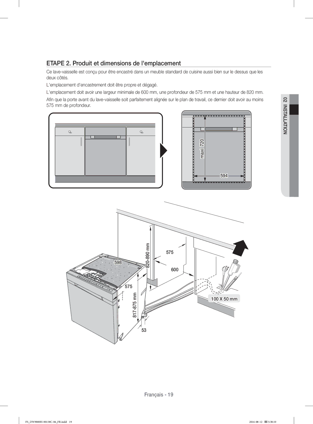 Samsung DW60H9970FS/EF manual Etape 2. Produit et dimensions de lemplacement, 594 