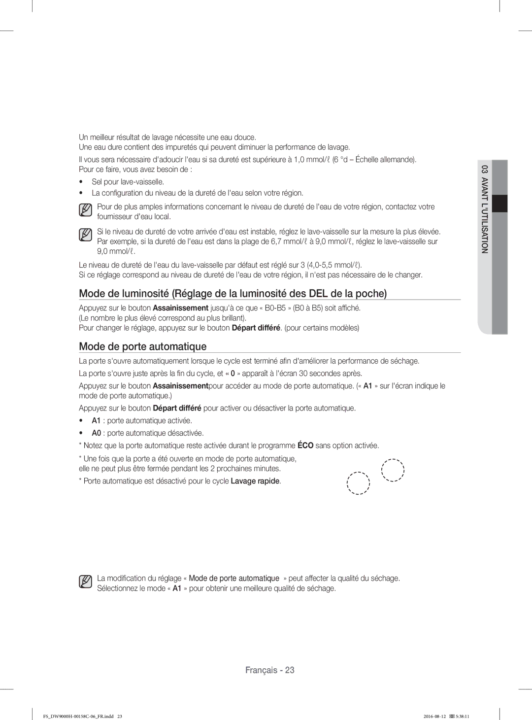 Samsung DW60H9970FS/EF manual Mode de porte automatique 