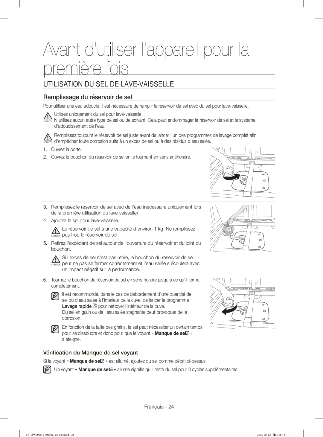 Samsung DW60H9970FS/EF manual Utilisation DU SEL DE LAVE-VAISSELLE, Remplissage du réservoir de sel 