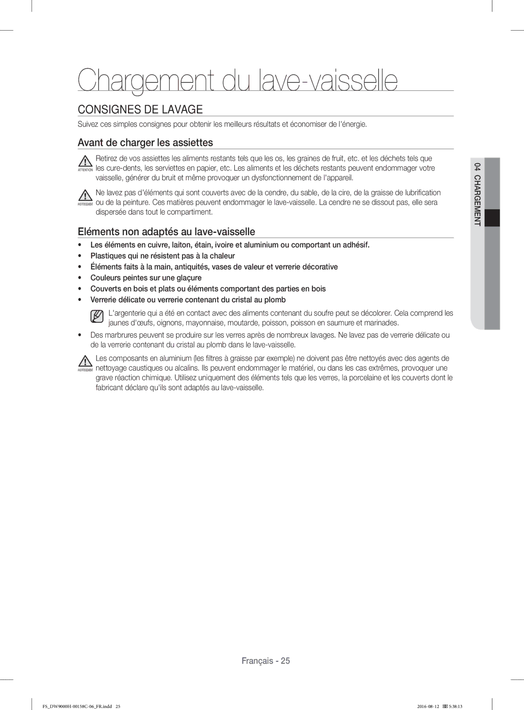 Samsung DW60H9970FS/EF manual Chargement du lave-vaisselle, Consignes DE Lavage, Avant de charger les assiettes 