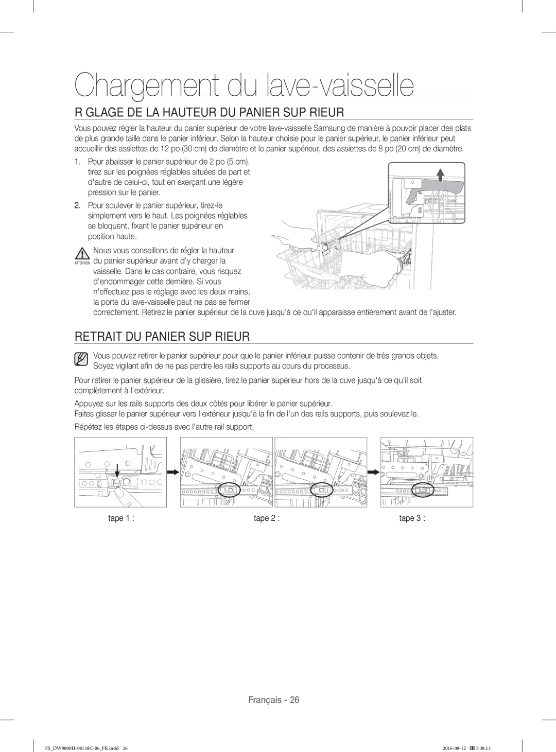 Samsung DW60H9970FS/EF manual Réglage DE LA Hauteur DU Panier Supérieur, Retrait DU Panier Supérieur 