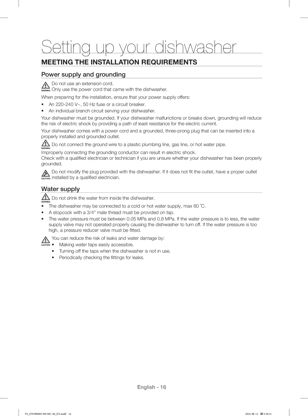 Samsung DW60H9970FS/EF manual Meeting the Installation Requirements, Power supply and grounding, Water supply 