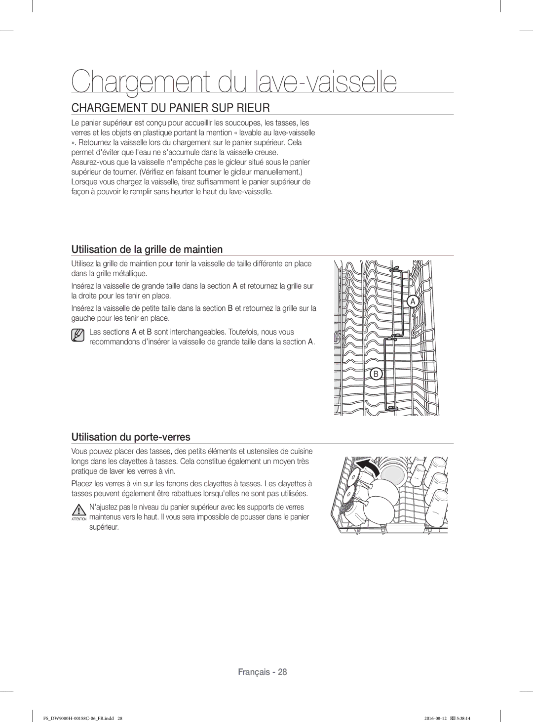 Samsung DW60H9970FS/EF Chargement DU Panier Supérieur, Utilisation de la grille de maintien, Utilisation du porte-verres 