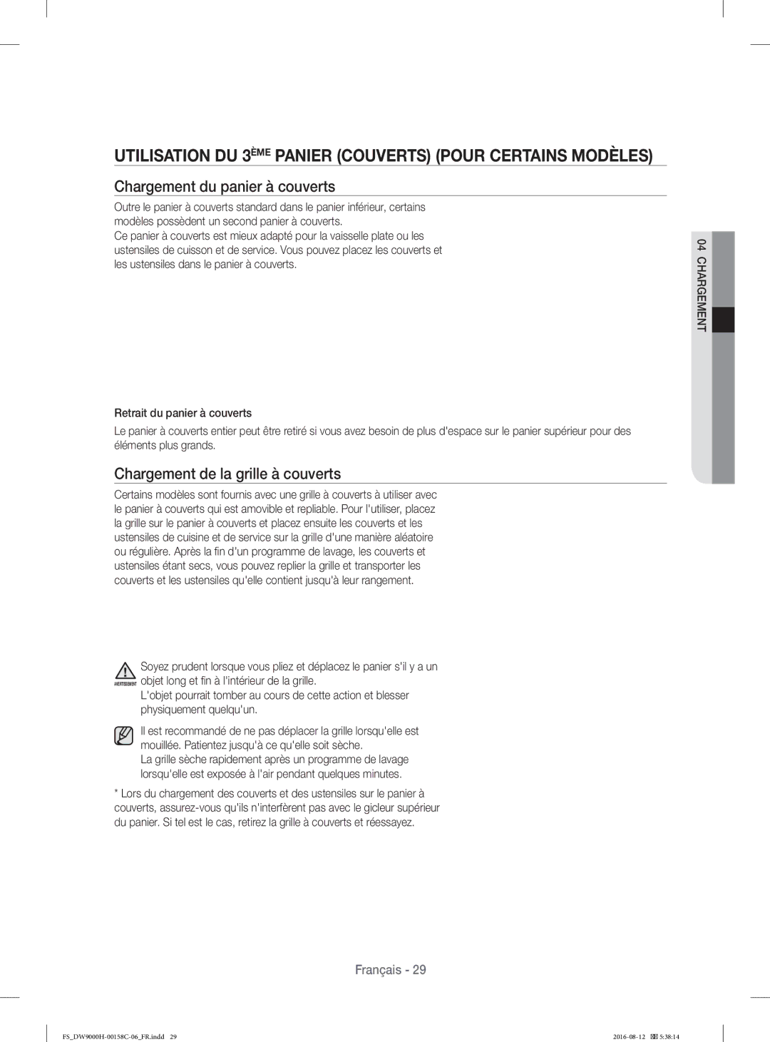 Samsung DW60H9970FS/EF manual Utilisation DU 3ÈME Panier Couverts Pour Certains Modèles, Chargement du panier à couverts 