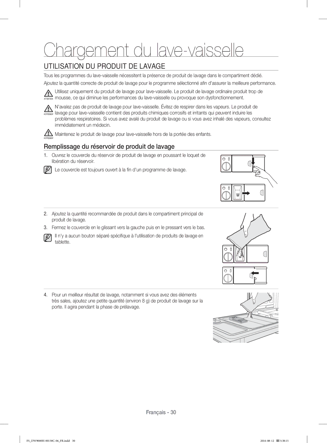 Samsung DW60H9970FS/EF manual Utilisation DU Produit DE Lavage, Remplissage du réservoir de produit de lavage 