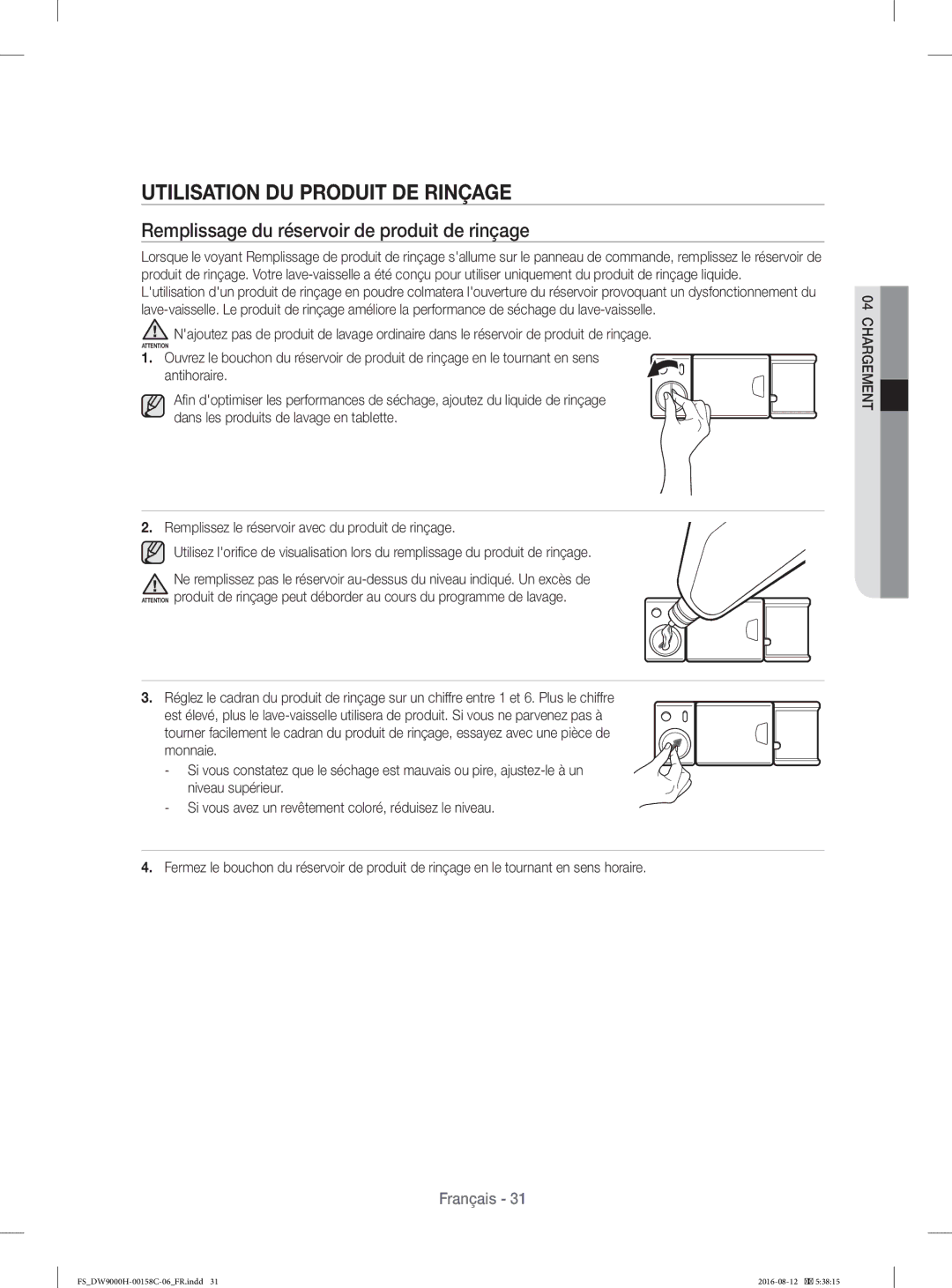 Samsung DW60H9970FS/EF manual Utilisation DU Produit DE Rinçage, Remplissage du réservoir de produit de rinçage 