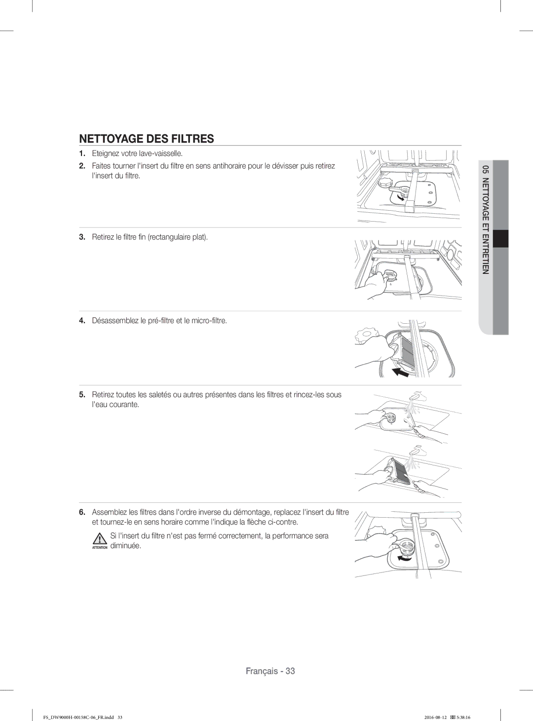 Samsung DW60H9970FS/EF manual Nettoyage DES Filtres 