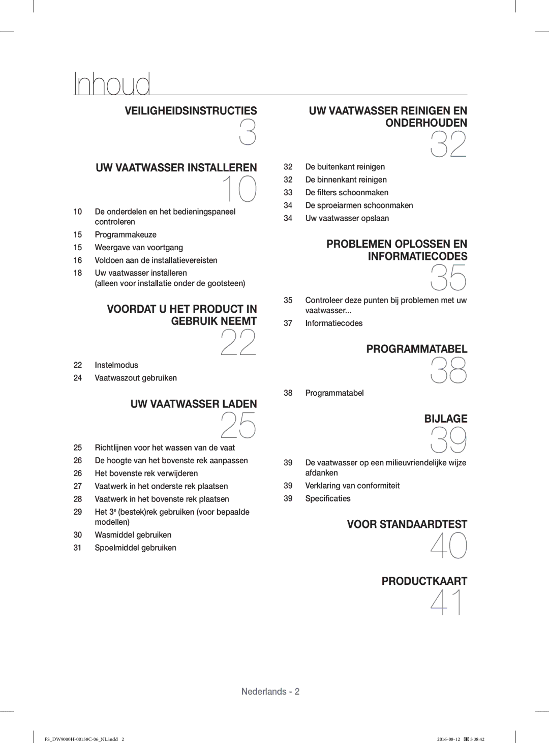 Samsung DW60H9970FS/EF manual Inhoud, Instelmodus Vaatwaszout gebruiken, Programmatabel 